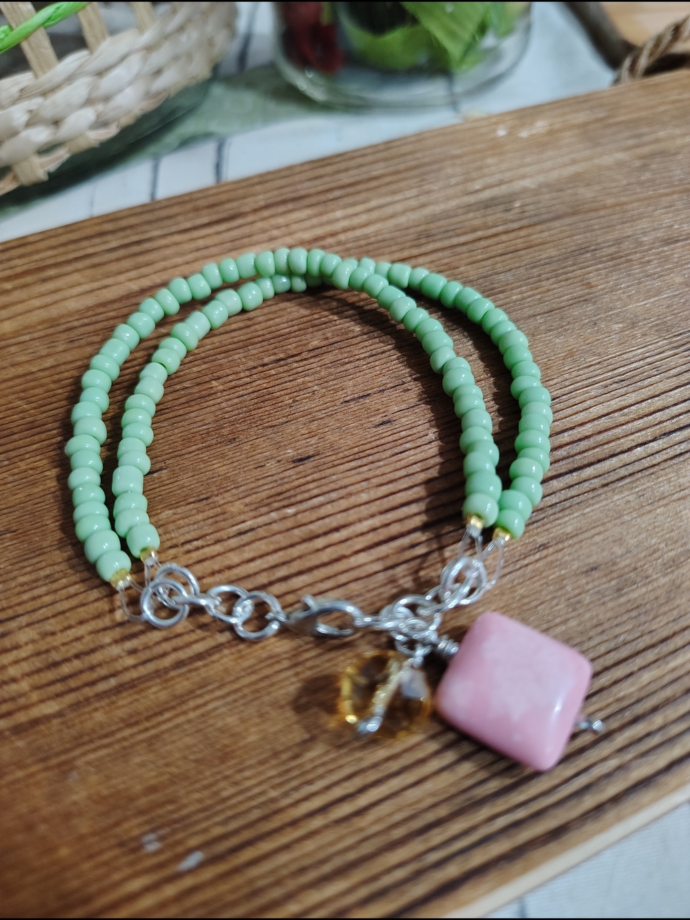 Handmade Green Beaded Bracelet with Pink Charm - Women's Jewelry,  Handmade
